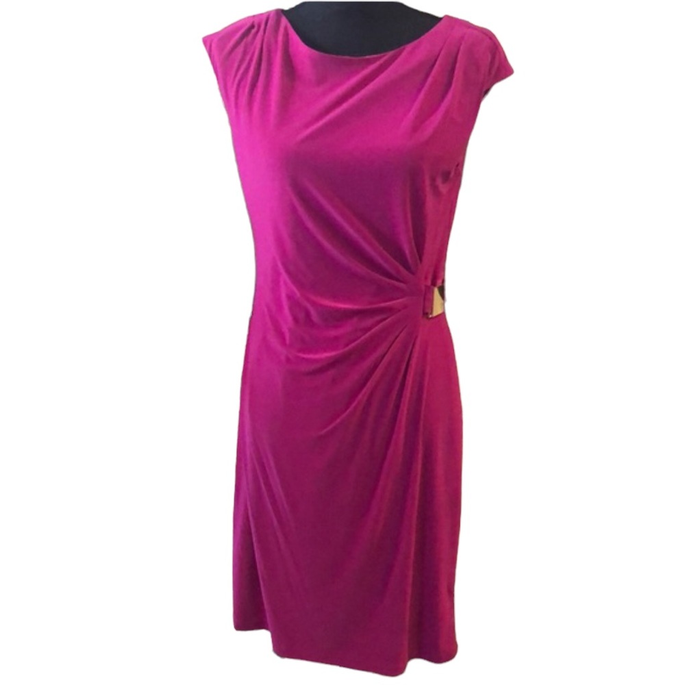 RONNI NICOLE CAP SLEEVE FITTED MIDI DRESS FUCHSIA PINK SIZE 10